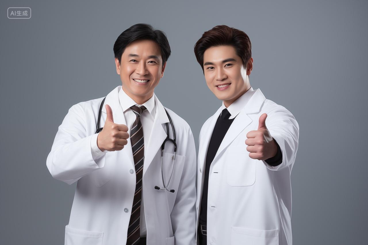两个男性医疗医生护士举起大拇指医疗服务