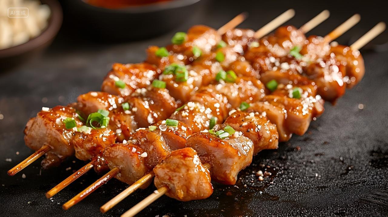 日式照烧鸡肉串羊肉串牛肉串烤肉串夜市宵夜美食小吃实拍摄影图