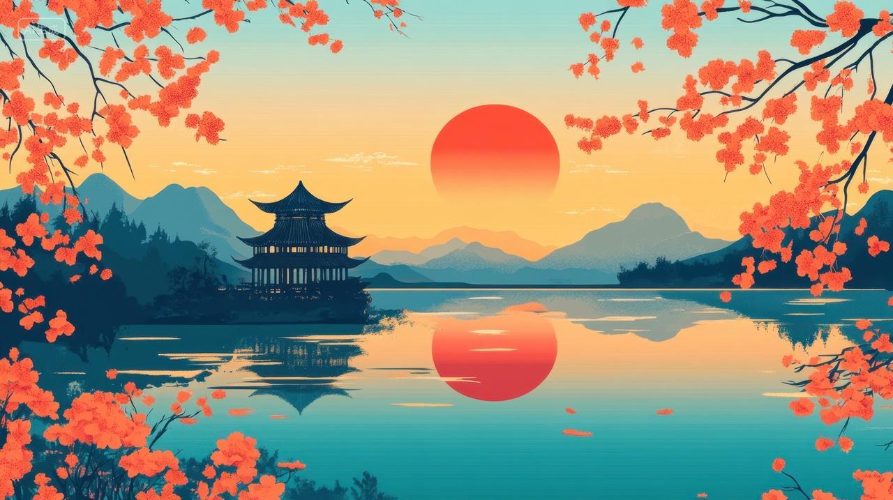 中国风日落下的中式园林景观插画