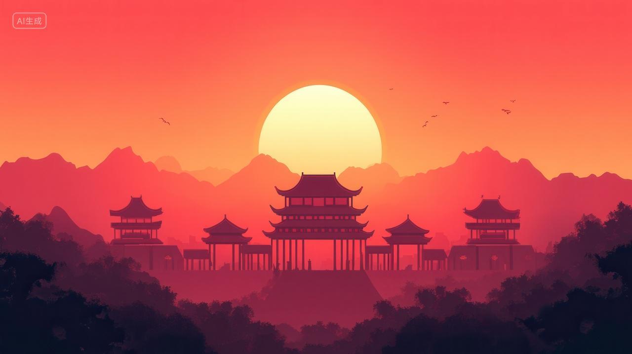 中国风日出东方古建筑剪影