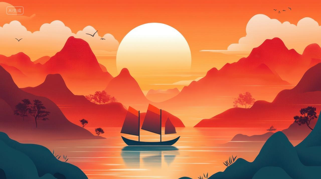 日落夕阳海面上的帆船