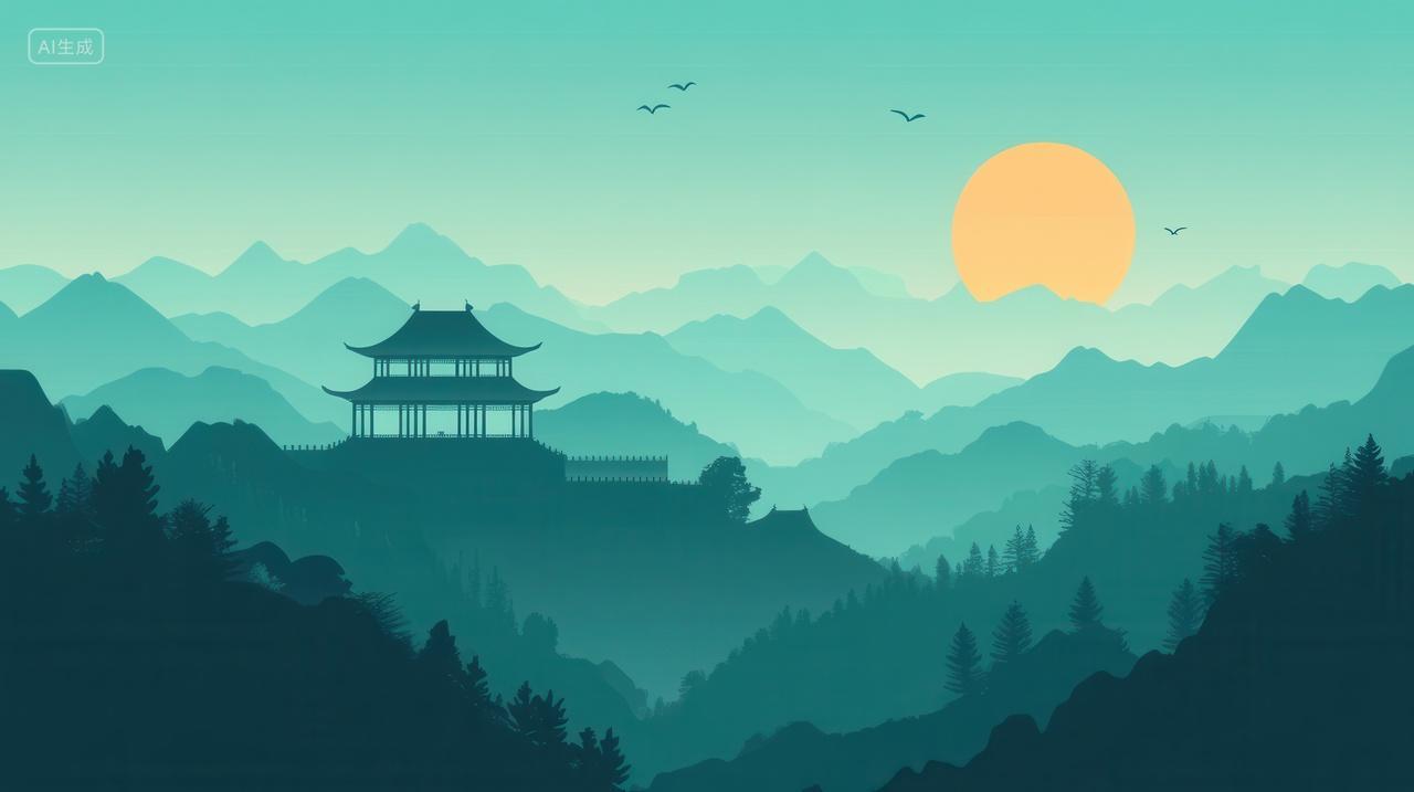 中国风山水剪影与山顶的寺庙