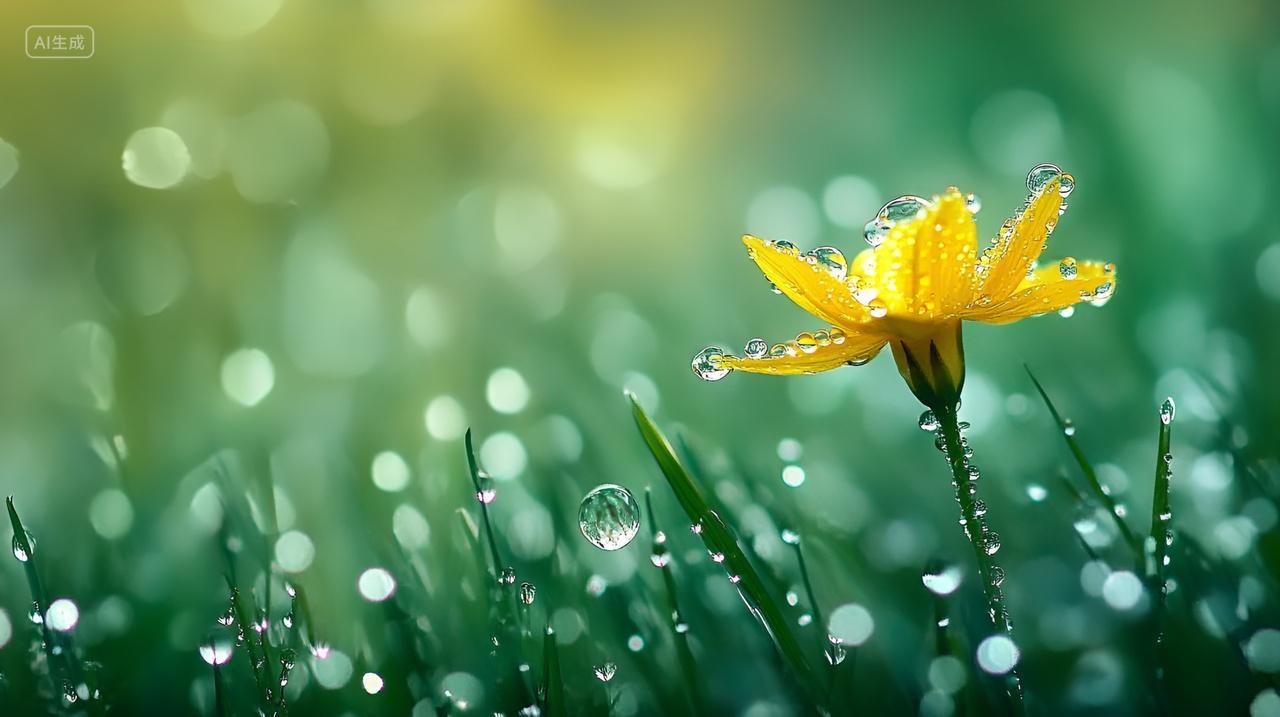 惊蛰春分节气清晨的露珠一朵黄色的花水滴草坪草地光影
