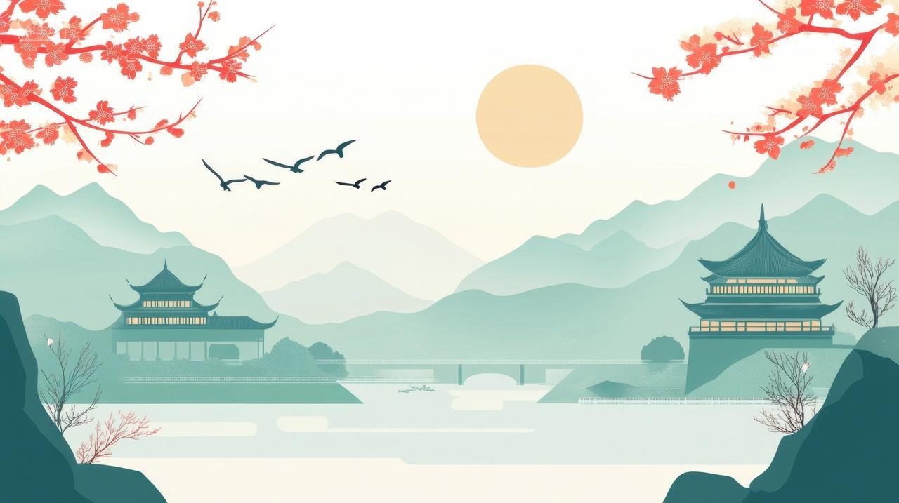 中国风山水园林风景插画