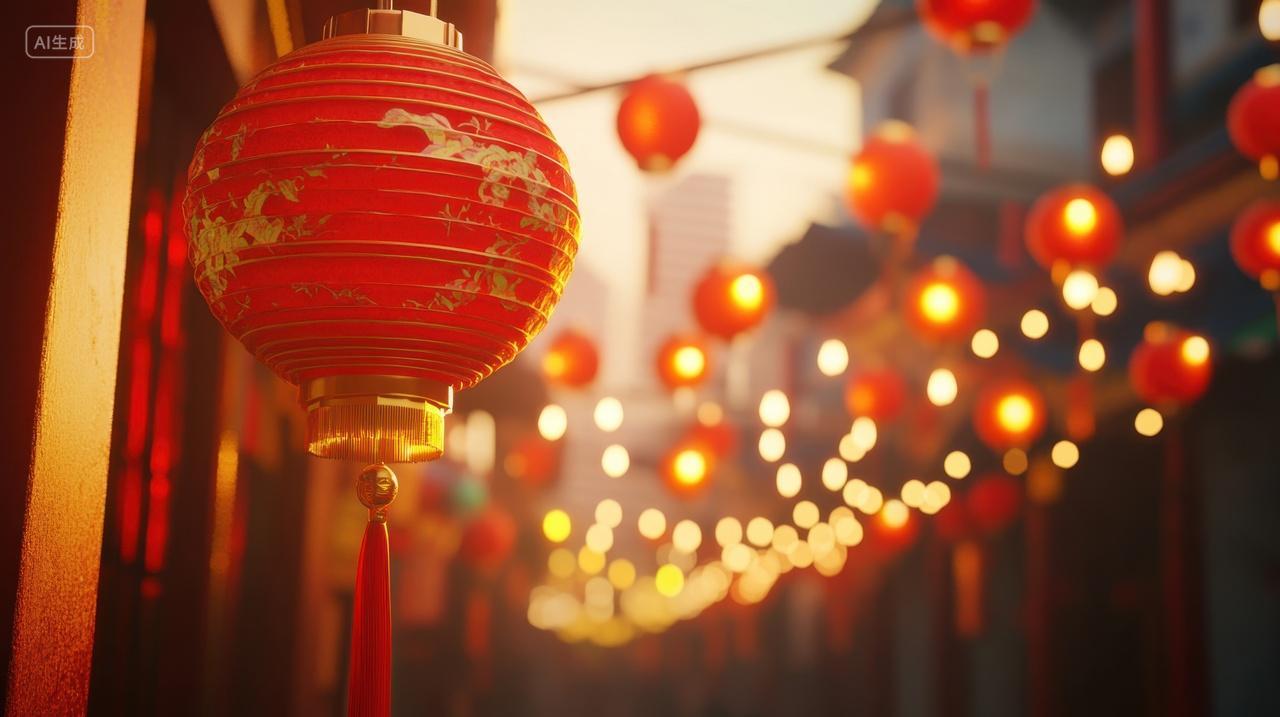 红灯笼映照的中国街