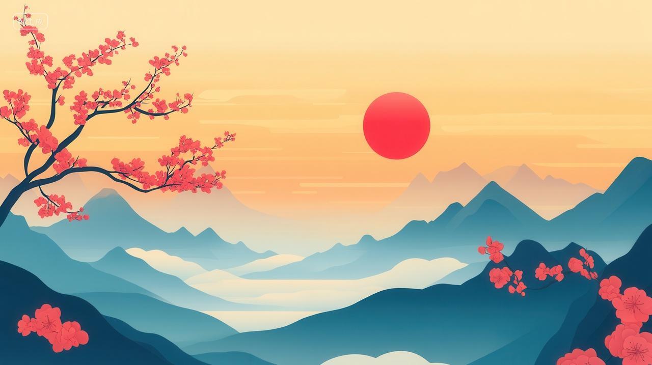 中国风日出山峰山脉景观插画