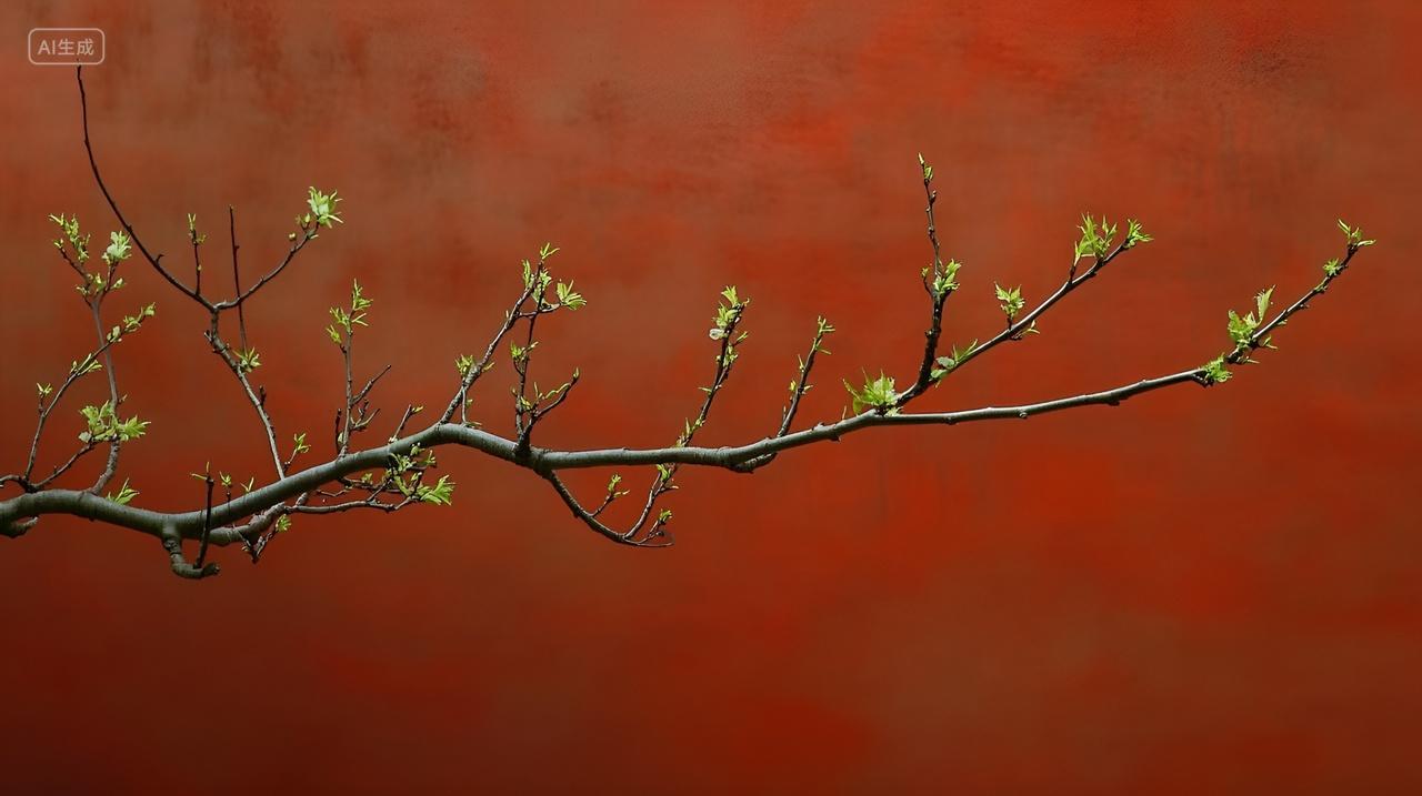 春天红墙树枝头嫩芽树木发芽春意盎然