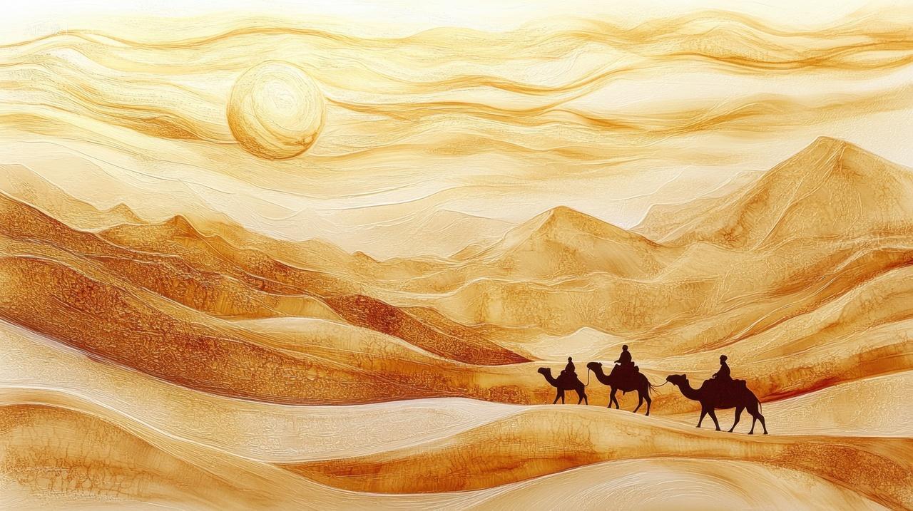 西域异域风金色沙漠上的骆驼商队剪影中华中国文化一带一路丝绸之路