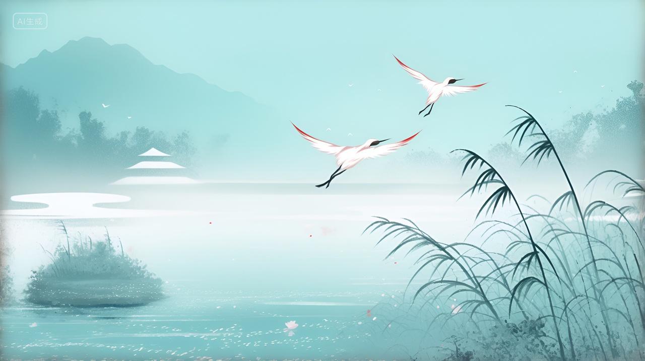 仙鹤西去白鹤起飞白露湖泊中国传统山水画