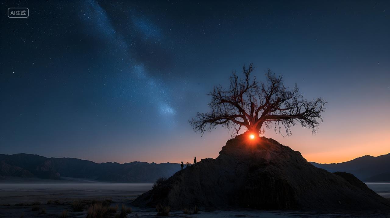 夜空下孤独的树夜晚星空唯美自然风景