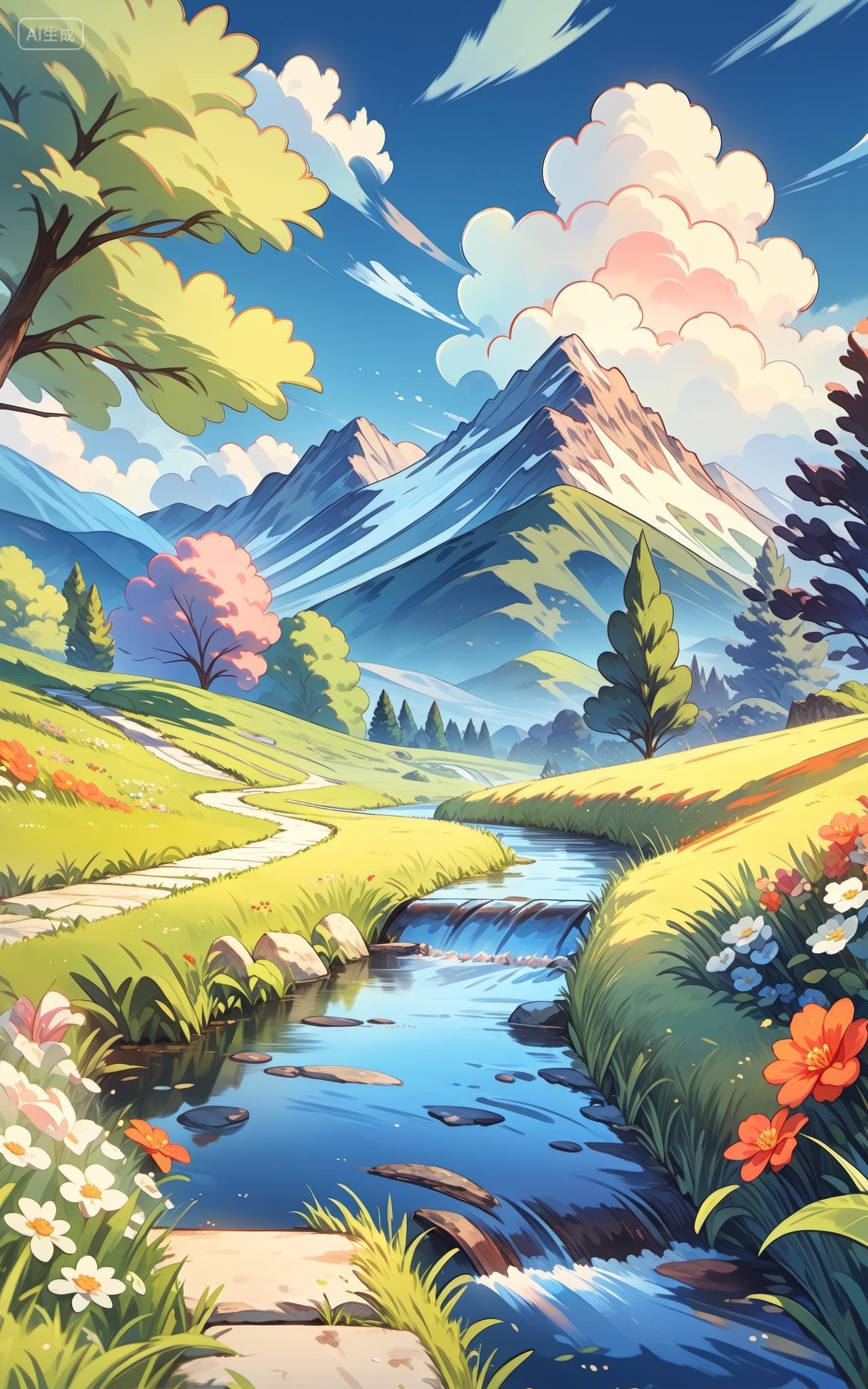 手绘风景插画青山绿水手机壁纸