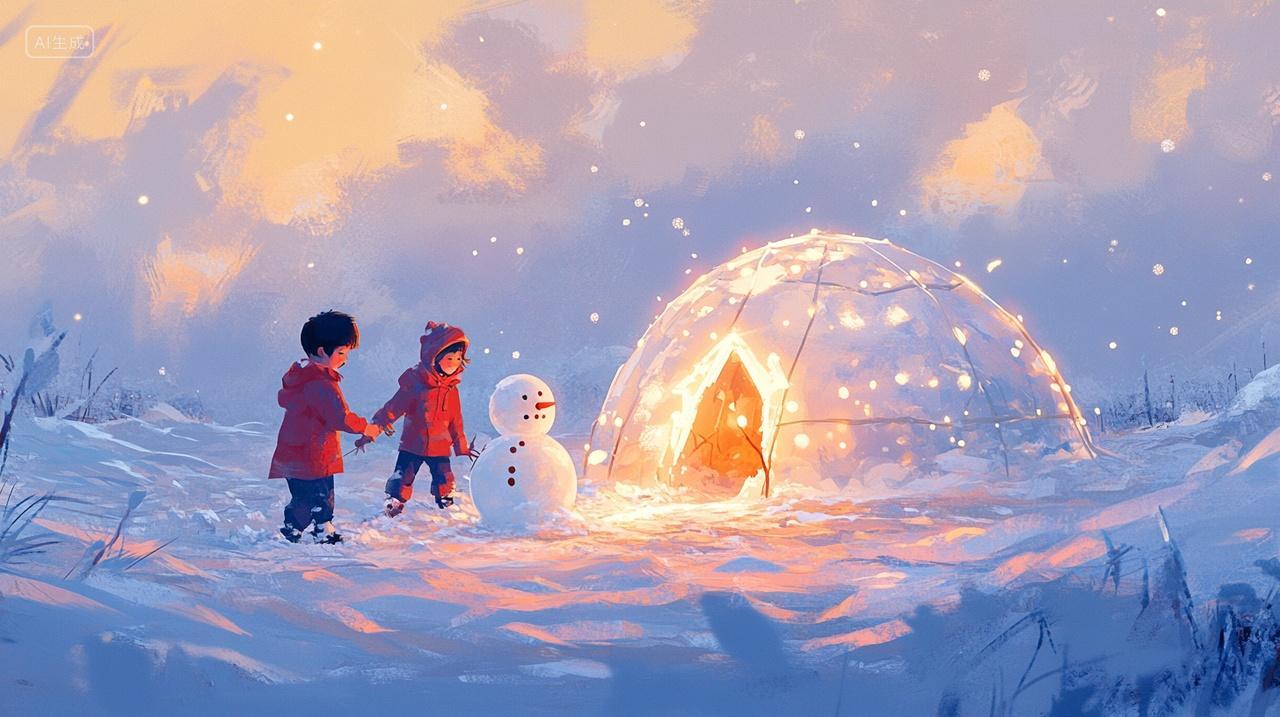 冬季雪景两个小朋友雪屋旁边堆雪人温馨宁静立冬冬至冬天插画