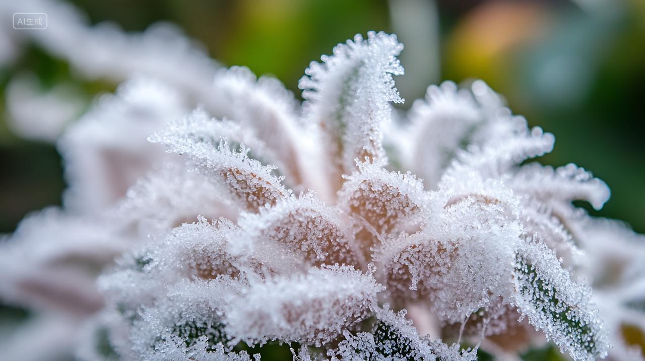 立冬节气霜降叶子结冰结霜白露节气深秋树叶雪景冬季