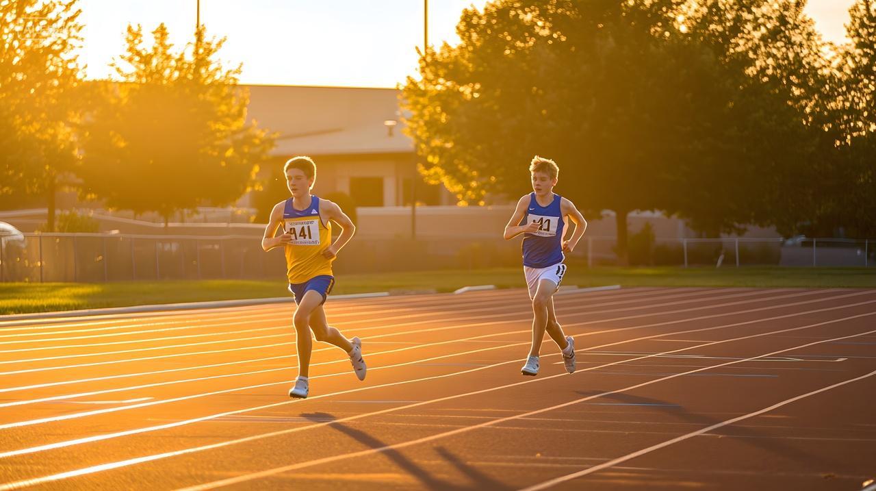 夕阳下奔跑的男性运动员运动会赛跑图