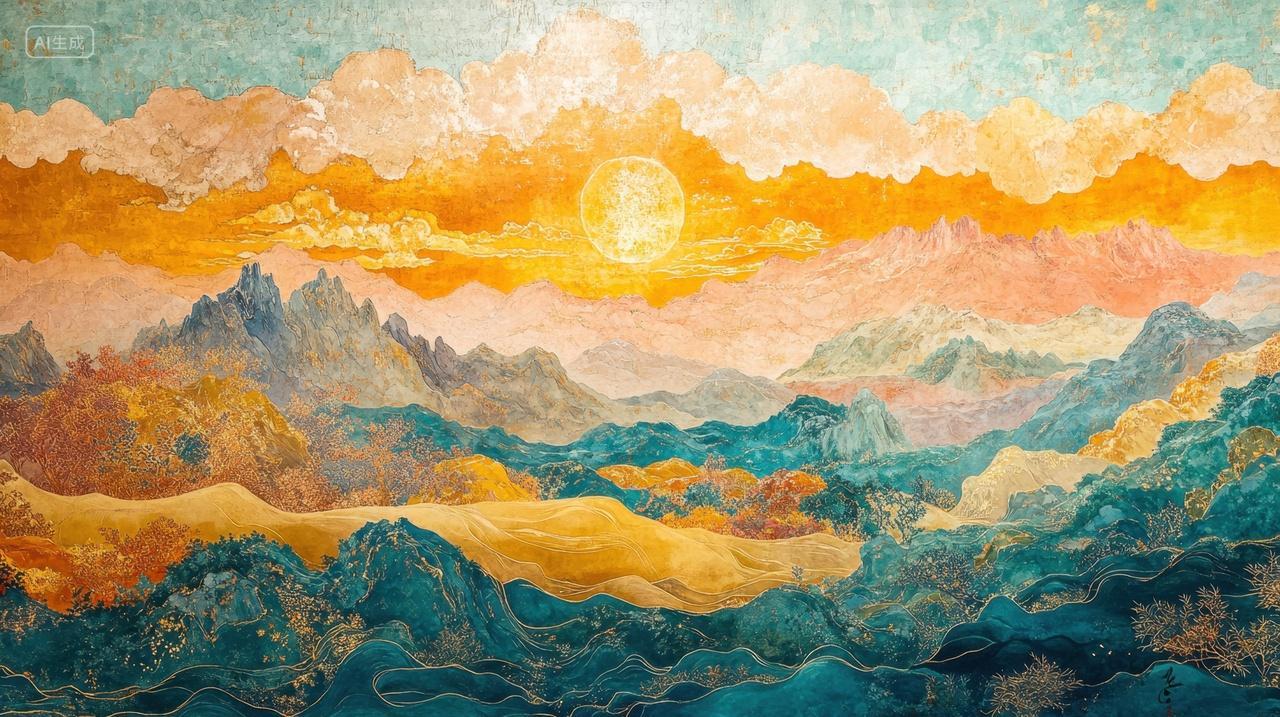 敦煌艺术背景梦幻般的金色山脉