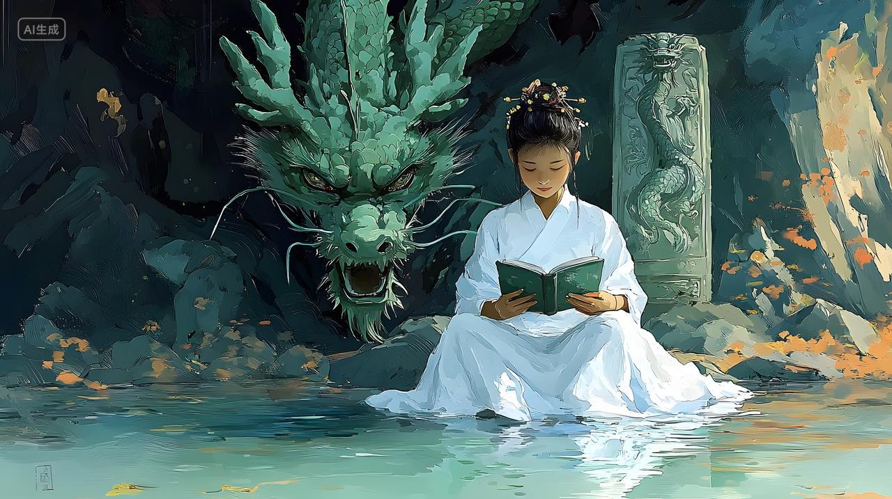 在宁静龙雕像旁读书小女孩