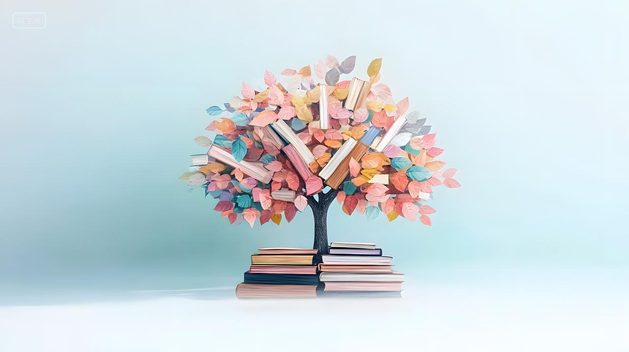 由书籍和树叶制成彩色树