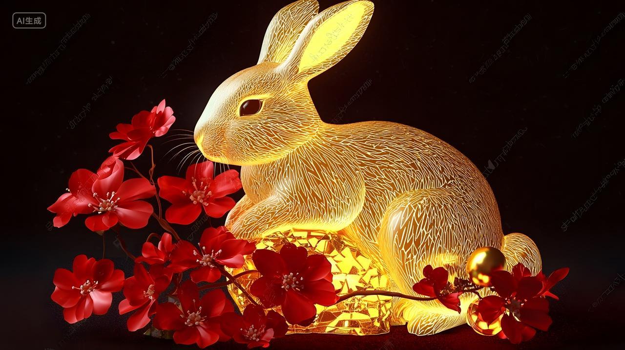 金兔被鲜艳红花包围着
