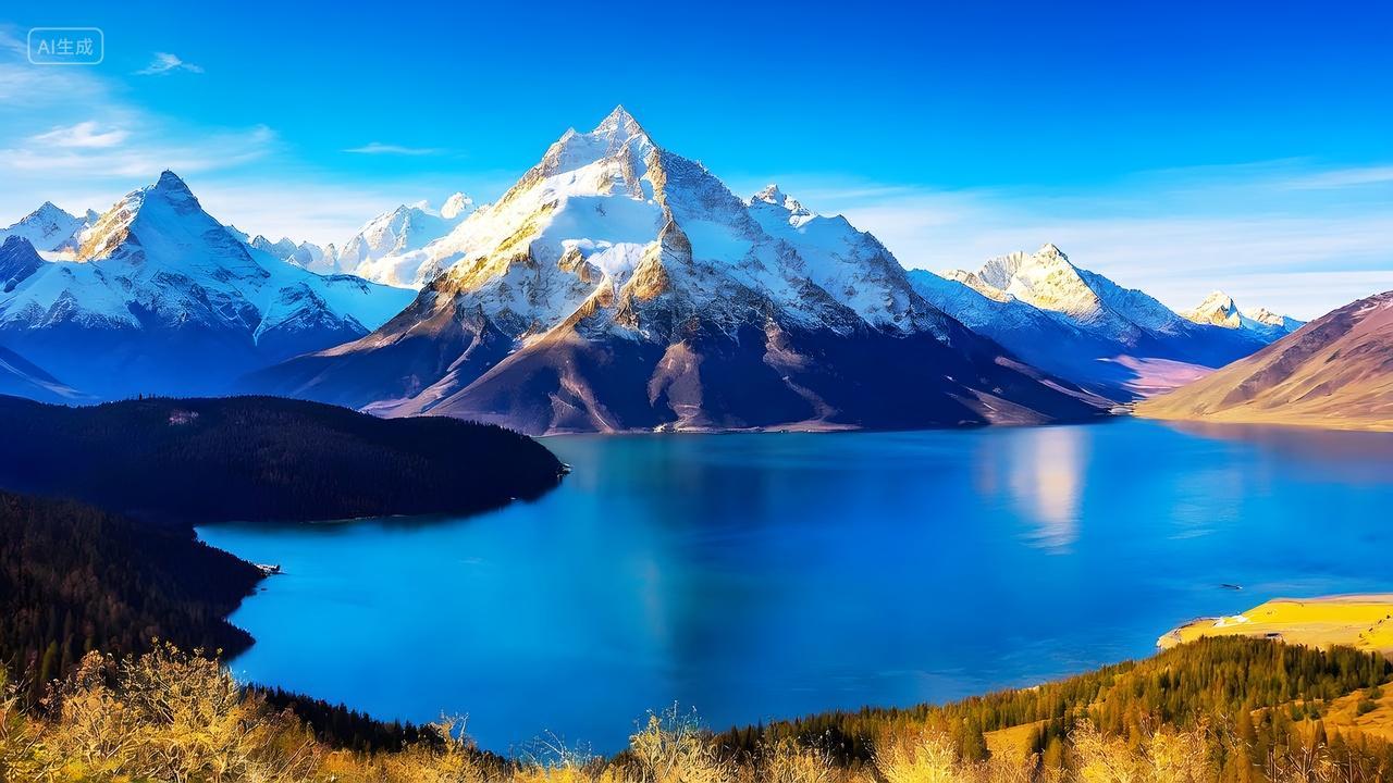 金色的草原与远处雪白色的雪山形成鲜明的对比照片