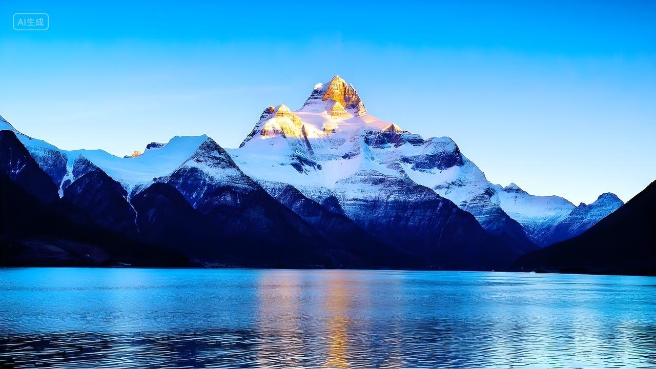 日照金山远处雪山倒影湖泊湖面大自然风景照片