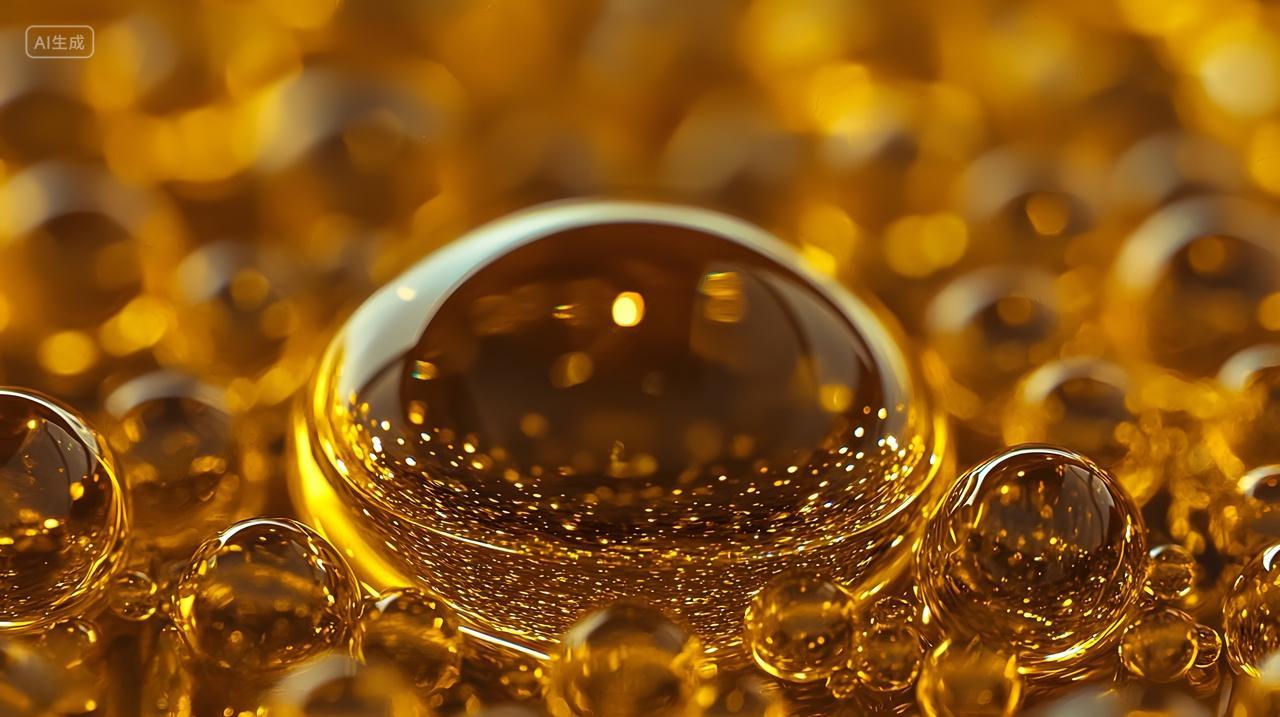 闪亮表面上金色气泡特写