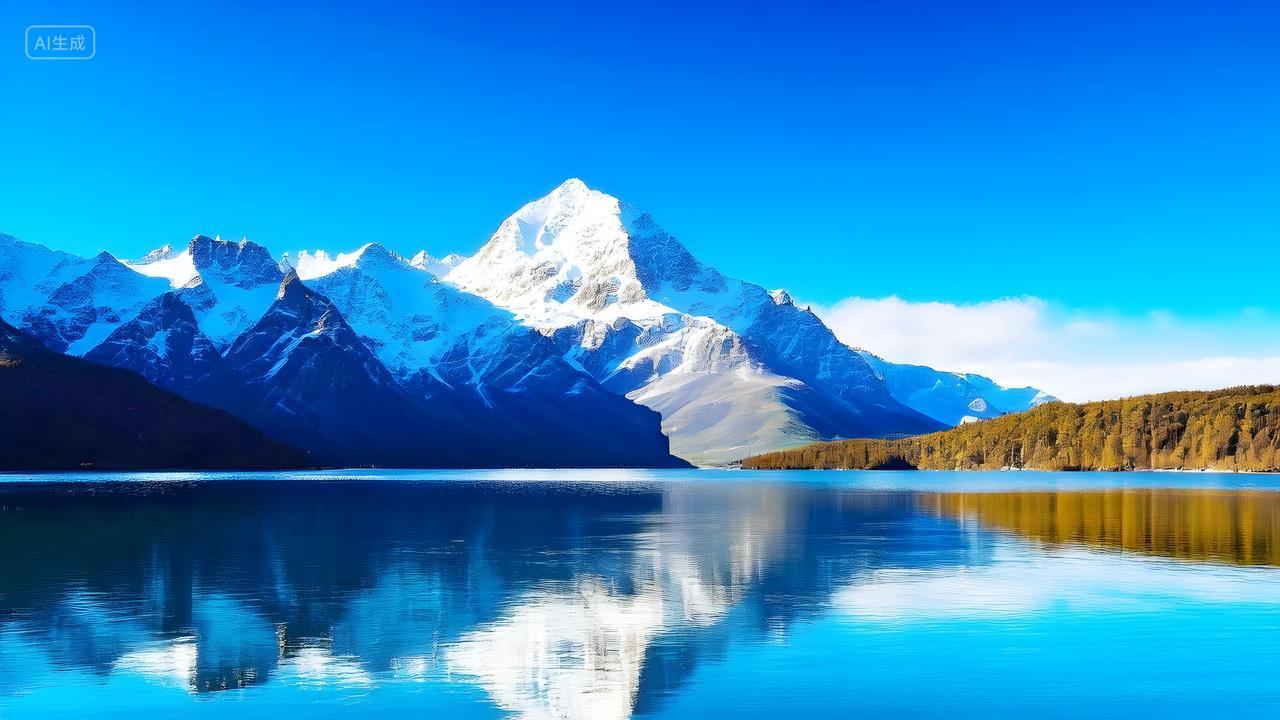 雄伟的雪山倒影在湖泊上形成一道美丽的风景