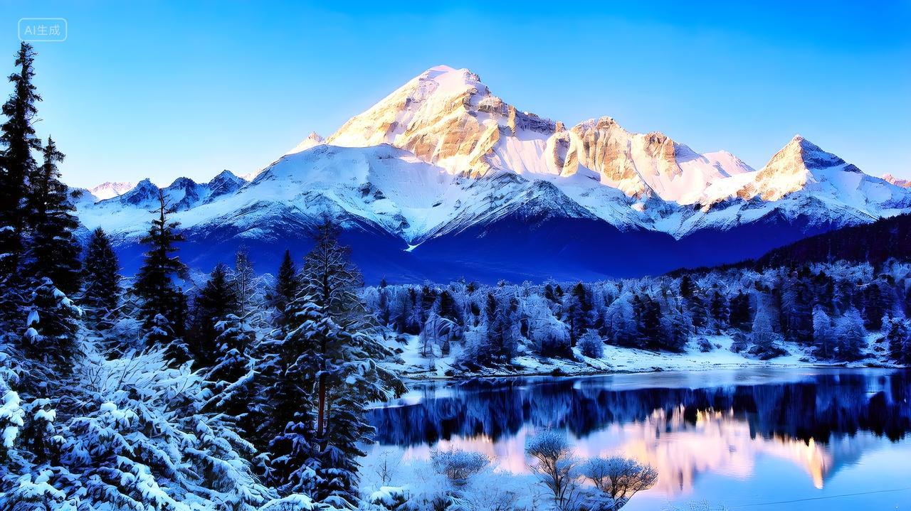 天山雪域日照金山雪山山峰湖泊倒影照片