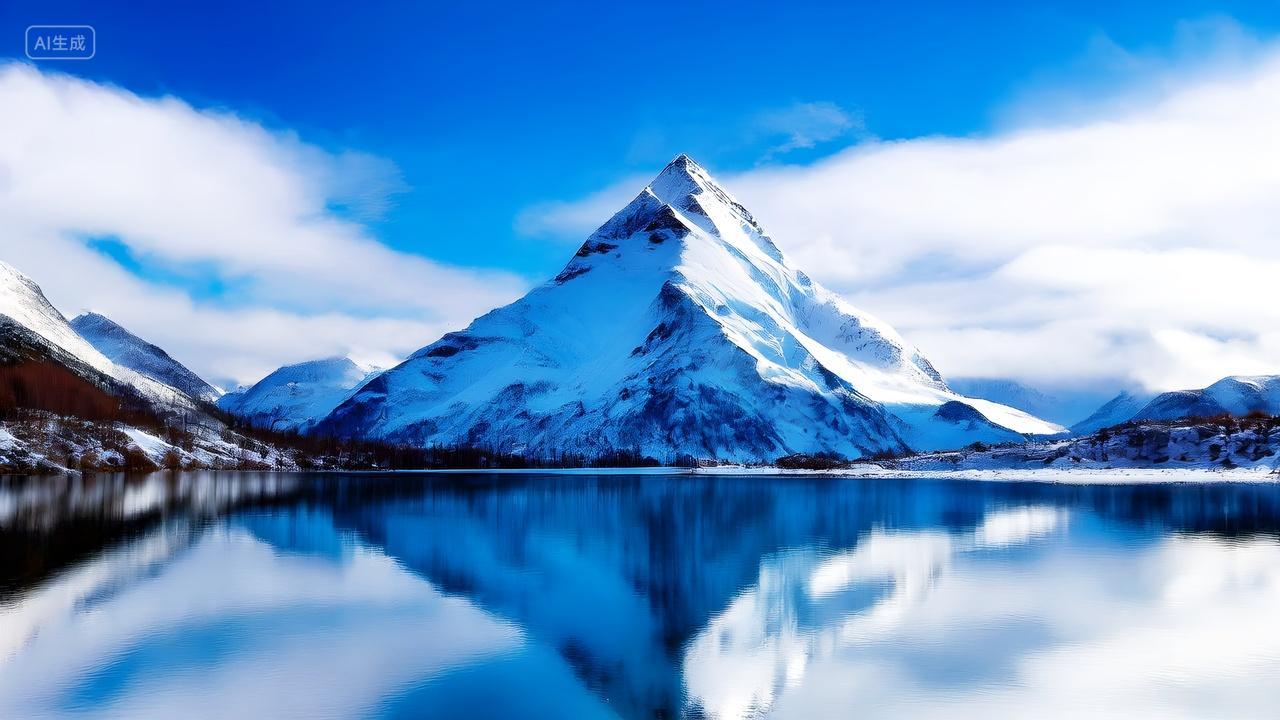 蓝天白云下雪山湖泊倒影电脑背景壁纸