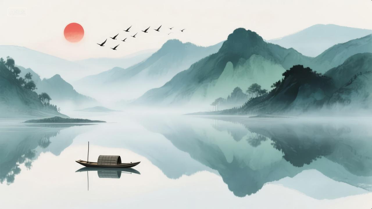 水墨山水画小船湖面倒影禅意宁静背景图