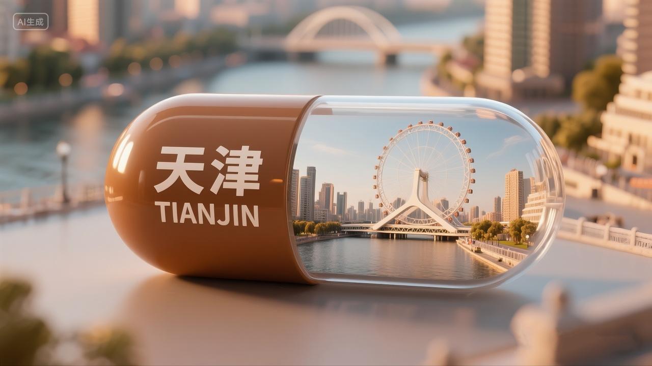 胶囊形状的创意微缩场景天津现代城市建筑缩影