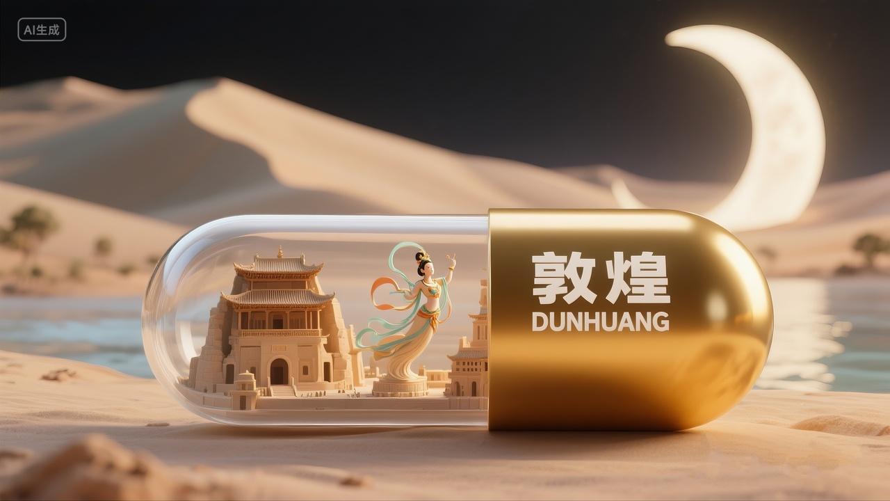 胶囊形状的创意微缩场景敦煌飞天舞女建筑缩影