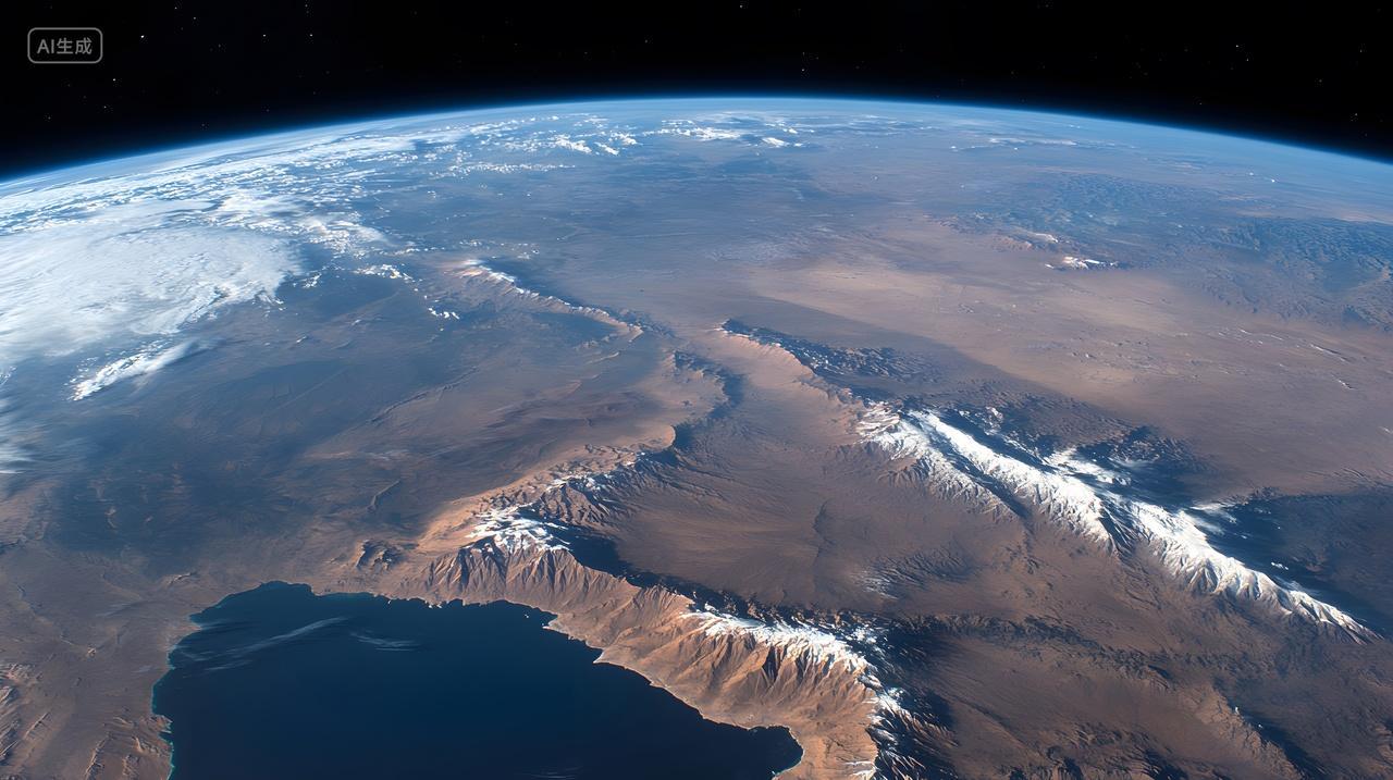 从太空俯瞰地球，壮丽的山脉与沙漠交织