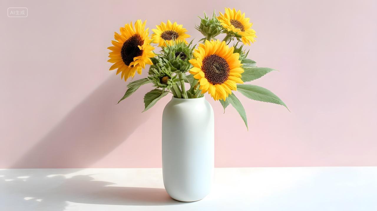粉色背景下白色花瓶中的向日葵静物摄影图