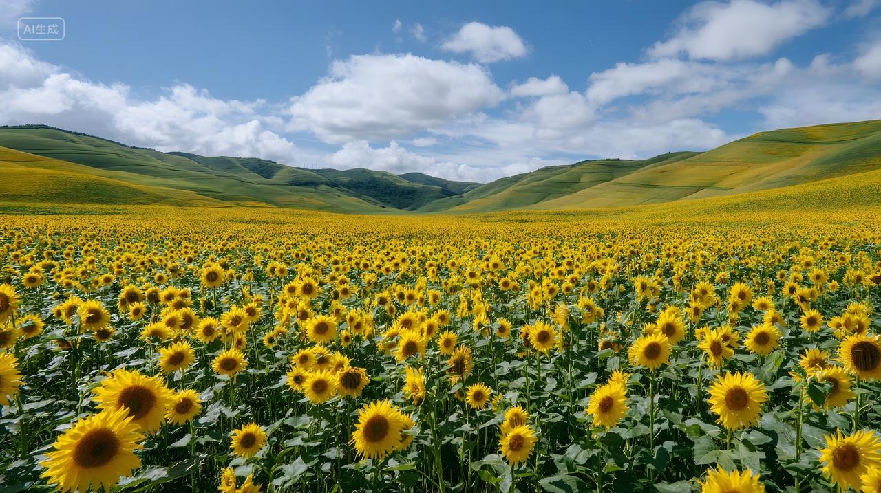 夏日向日葵花海蓝天白云自然风光摄影图