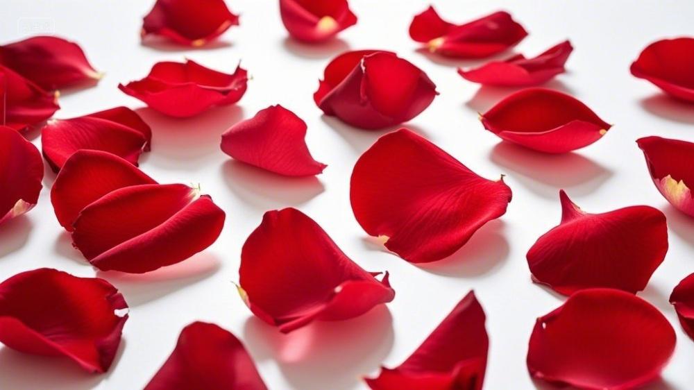 大量鲜艳的红色玫瑰花瓣散落在白色背景上AI