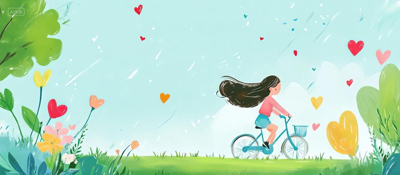 一个女孩骑着自行车在户外的草地上鲜花爱心春天背景海报