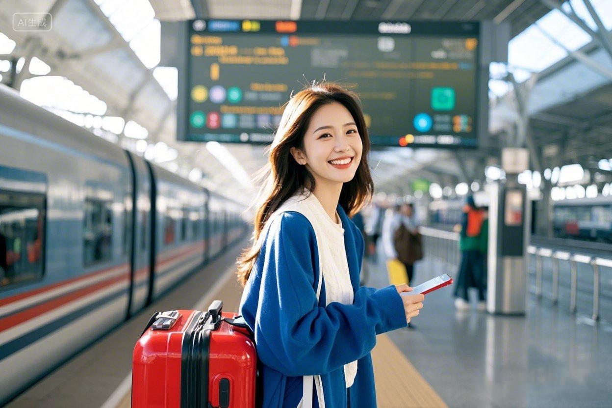 美女女性人物写真在机场高铁站出行拉着行李箱女孩半身侧面摄影