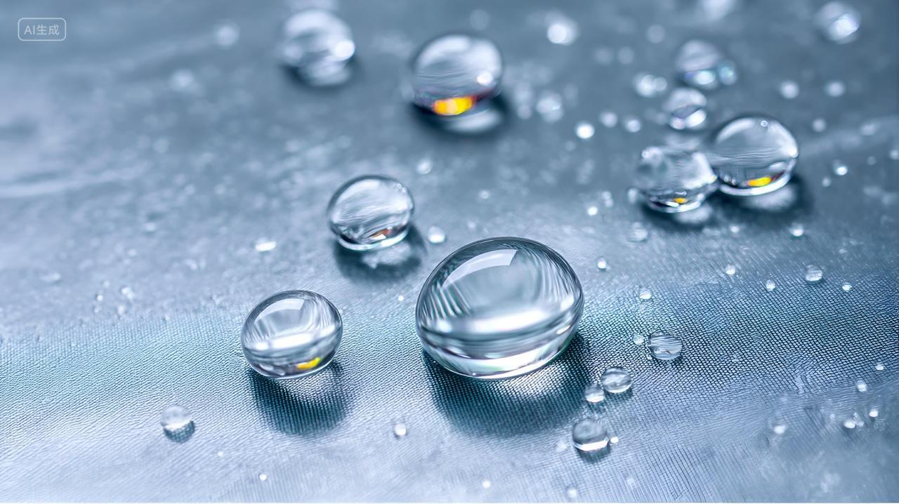 纤维防水织物上的雨水滴防水布纹理细节