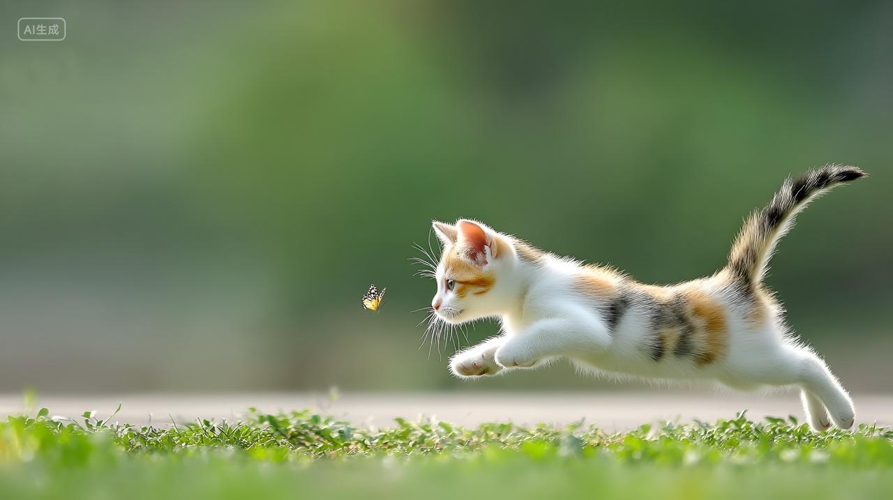 一只小猫在草地上跳跃追逐蝴蝶电脑壁纸