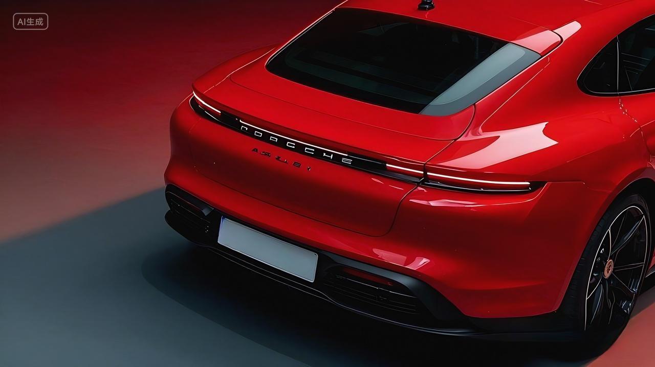 一辆红色的保时车尾视角呈现车辆线条流畅且富有动感