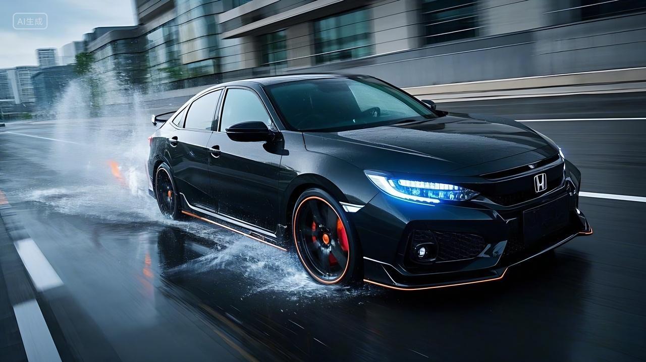 一辆黑色的本田轿车整体造型时尚动感