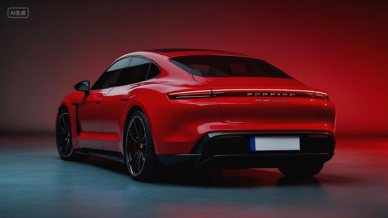 一辆红色的保时车尾视角呈现车辆线条流畅且富有动感