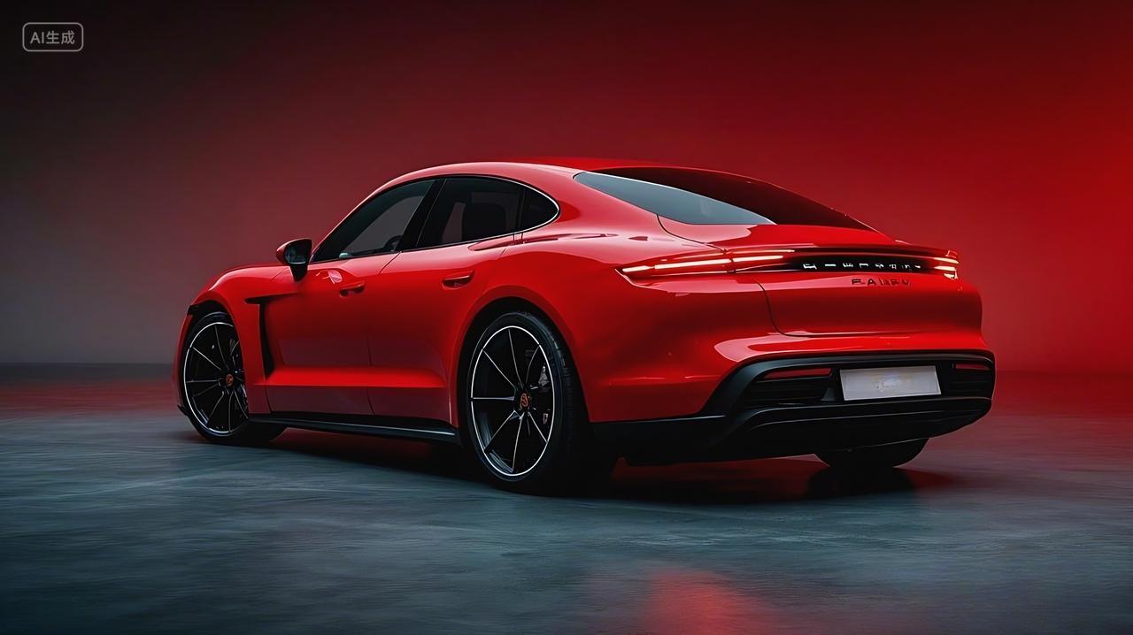 一辆红色的保时车尾视角呈现车辆线条流畅且富有动感