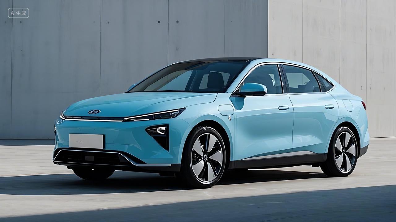 一辆蓝色汽车停在一条道路旁