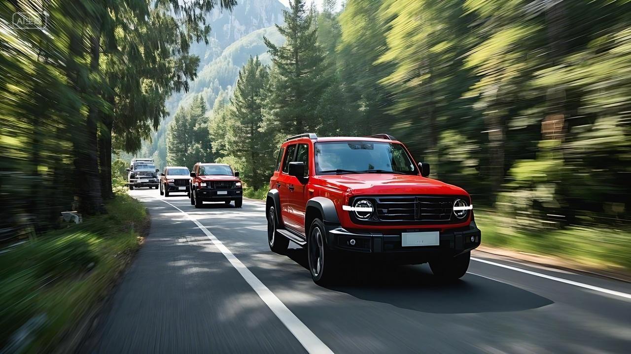 车一辆红色的SUV在山间公路上行驶