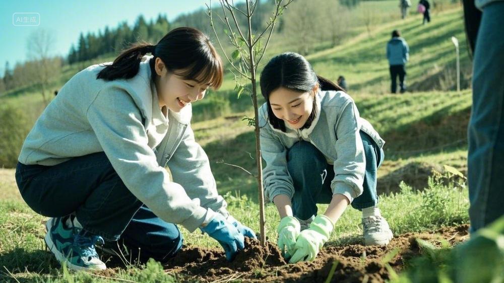 312植树节2个人进行植树种树活动图片