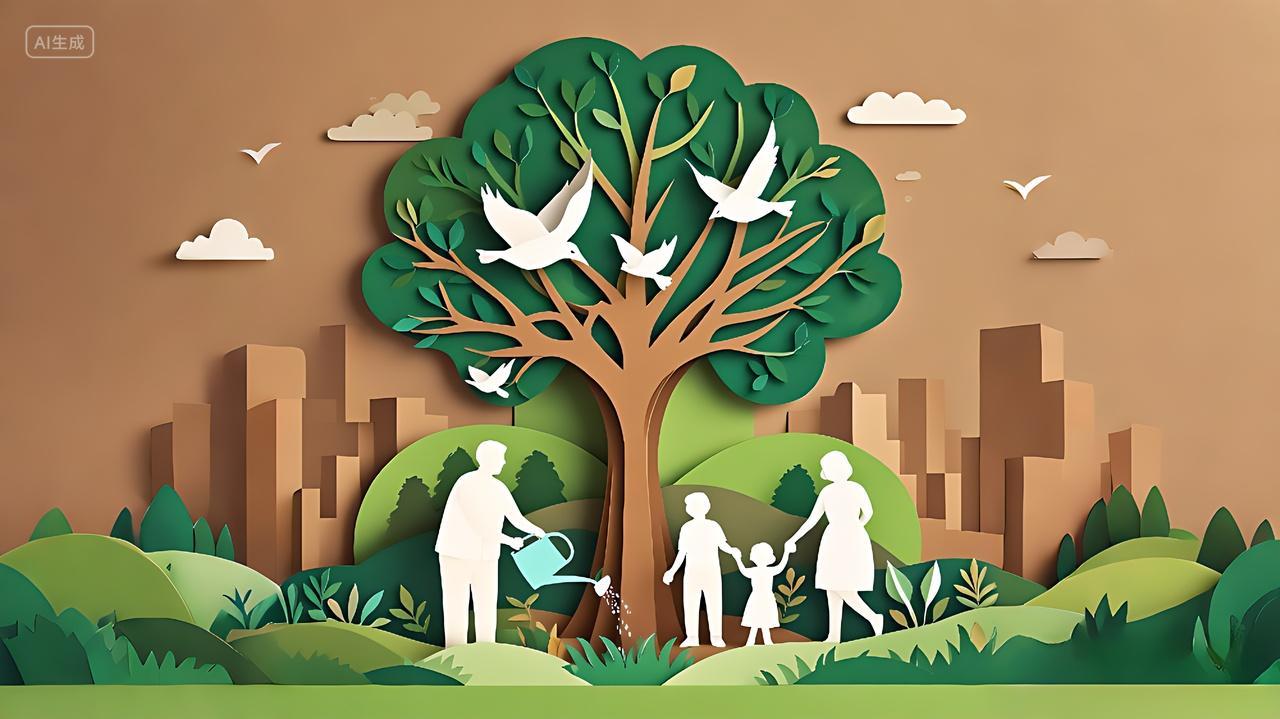 312植树节剪纸风格种树插画图片