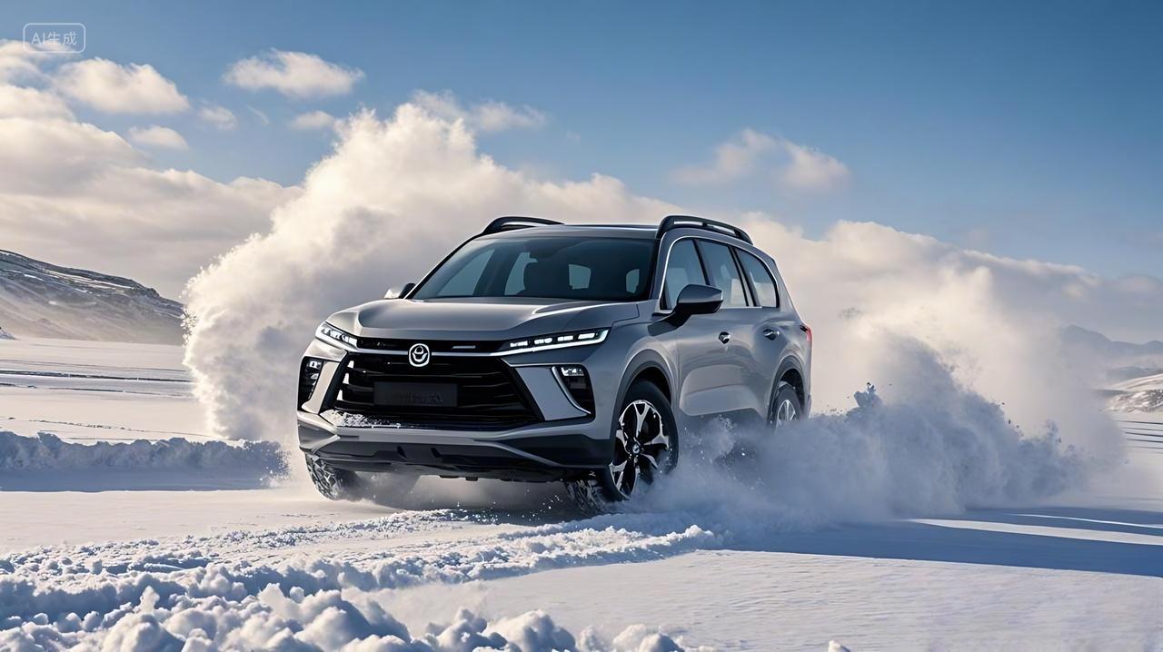 车一辆银灰色的SUV在雪地中行驶激起身后巨大的雪浪