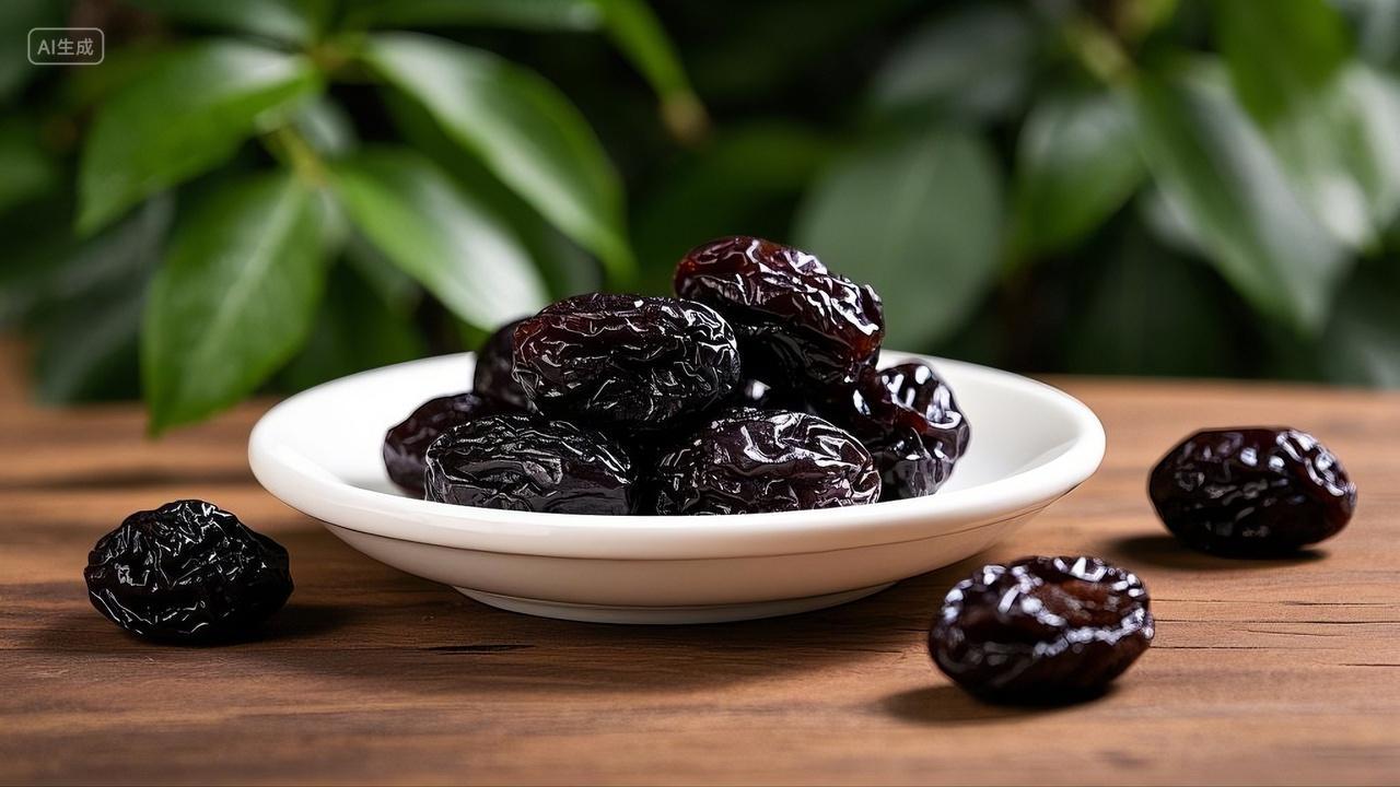 木桌子上白盘子西梅干水果果干