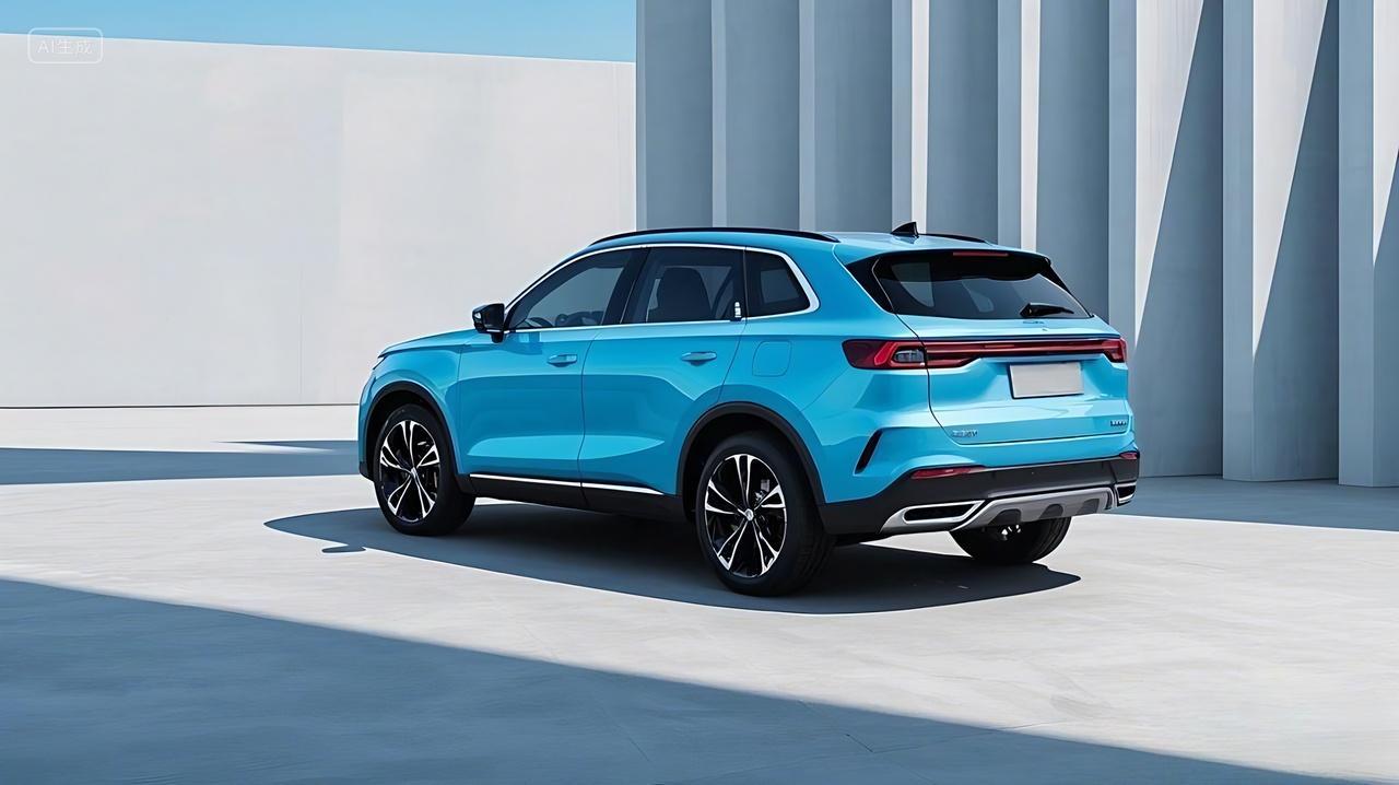 一辆蓝色的SUV车型整体造型紧凑且富有动感